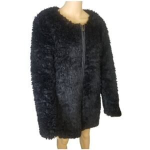1990s G&B Faux Sheep Fur Box Cut Winter Coat Black Front Zipper Size Medium